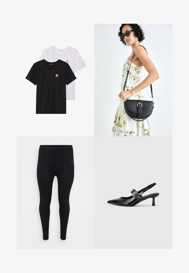 T-shirts preto e branco, de decote redondo e mangas curtas. A camisa preta apresenta um bordado de sol amarelo; a branca tem um detalhe de lua crescente roxa.; Leggings pretos com uma textura suave, cintura alta e um corte ajustado. Apresentam detalhes laterais subtis ao longo das costuras.; Saltos slingback em verniz preto com bico pontiagudo e um pequeno salto bloco, apresentando um detalhe de fivela prateada na tira.; Bolsa de couro preta com forma curva, alça destacável e detalhes em dourado. A bolsa possui uma aba com detalhe de fivela.