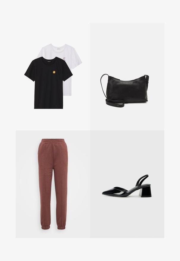 Crne i bijele majice, okrugli izrez, kratki rukavi. Crna majica ima žuti vez suncem; bijela majica ima ljubičasti naglasak u obliku polumjeseca.; Smeđe trenirke s elastičnim pojasom, rebrastim manžetama, glatkom teksturom i detaljima na prednjem šavu. Pogodne za svakodnevno nošenje.; Crne lakirane kožne sandale s otvorenom petom i špicastim vrhom, s geometrijskom blok petom. Imaju elegantan, minimalistički dizajn i glatku teksturu.; Crna kožna torba na rame s glatkom teksturom, zakrivljenim oblikom, podesivim remenom i zatvaranjem na patentni zatvarač. Minimalistički dizajn bez ukrasa.