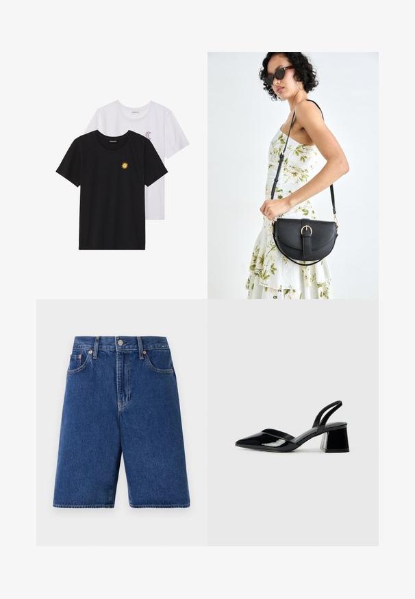 Melnbaltie t-krekli, ar apaļu kaklu, īsām piedurknēm. Melnais krekls ar dzeltenu saules izšuvumu; baltais ar purpursarkanu mēness akcentu.; Tumši zili džinsu šorti ar klasisku piegriezumu, piecu kabatu dizainu un oranžām šuvēm. Pabeigti ar priekšējo pogu un rāvējslēdzēju.; Melna lakota āda ar atvērto papēdi, ar smailu purngalu un ģeometrisku blokpapēdi. Iezīmējas elegants, minimāls dizains un gluda tekstūra.; Melnas ādas rokassoma ar izliekta formu, noņemamu siksnu un zelta aksesuāriem. Somai ir vāciņš ar sprādzes detaļu.