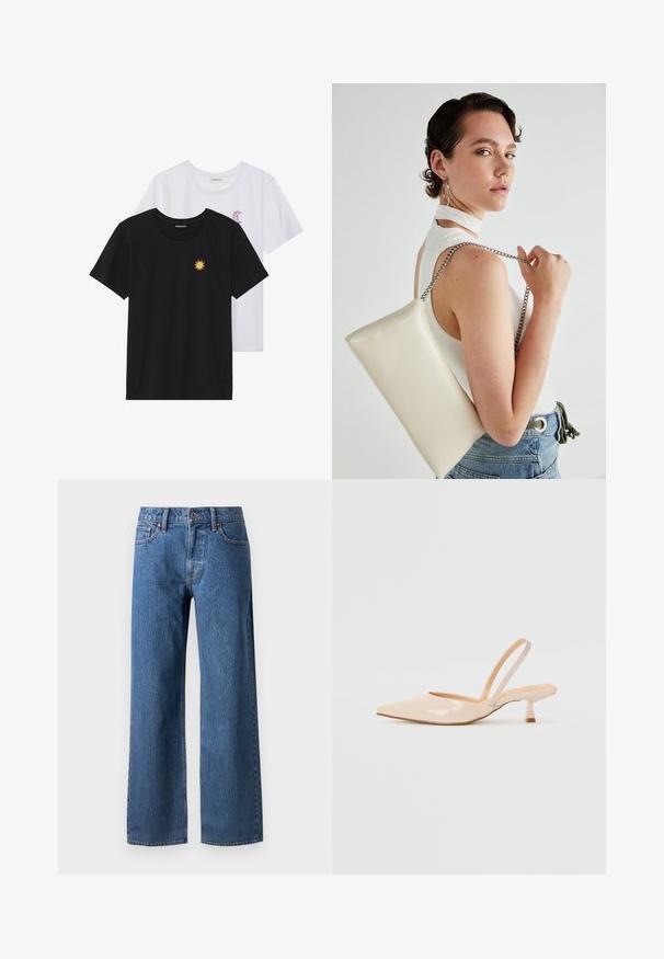 Mustvalged ja valged T-särgid, ümar kaelus, lühikesed varrukad. Must särgile on tikitud kollane päike; valgel särgil on lillakate poolkuu aktsent.; Laia siniste teksaseid, mis on valmistatud denimist, klassikalise viie taskuga disainiga, nööbiga sulgemine ning kerge pleekimine, sirge lõikega allääres.; Beežist lakitud nahast slingback kontsad terava nina ja peene ruudukujulise kontsaga. Sile tekstuur ja minimalistlik disain ilma kaunistusteta.; Valge ristkülikuline kotti, mis on valmistatud läikivast materjalist, hõbedase ahelsangaga. Mudel poseerib, tutvustades kotti ühtlase taustaga.