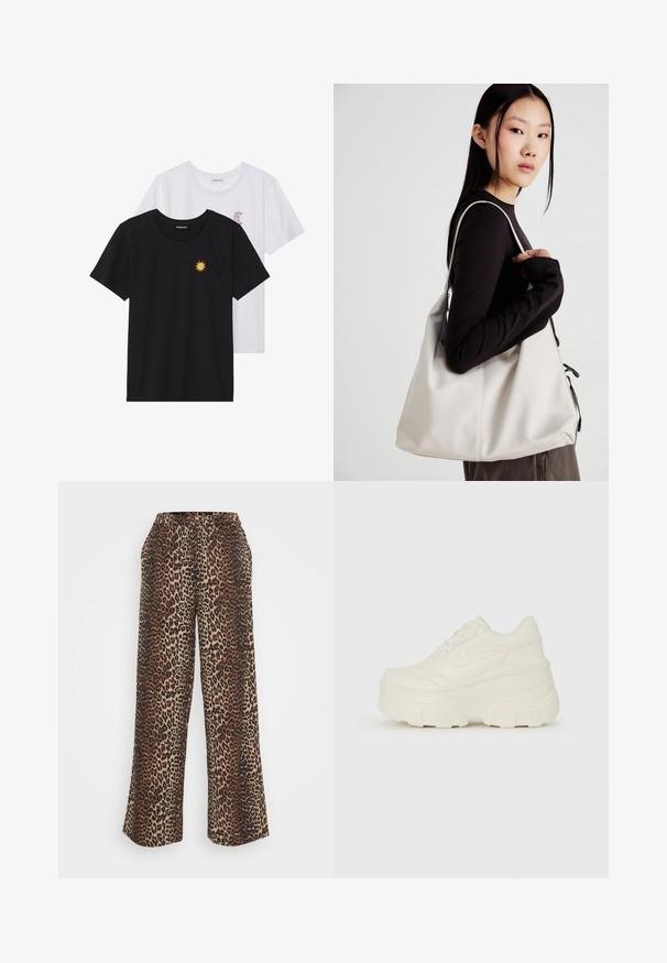 T-shirts preto e branco, de decote redondo e mangas curtas. A camisa preta apresenta um bordado de sol amarelo; a branca tem um detalhe de lua crescente roxa.; Calças largas com padrão de leopardo, apresentando uma cintura elástica e bolsos laterais, feitas de um tecido suave em tons de castanho e bege.; Tênis brancos de plataforma com um cabedal suave semelhante a couro, formato arredondado, colarinho acolchoado e sola de borracha texturizada com ranhuras bem definidas.; Uma bolsa bege feita de material macio, com um design descontraído, detalhes de costura e duas alças para o ombro. Adequada para uso diário.