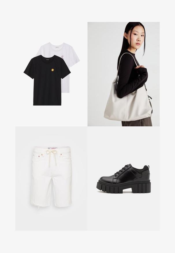 Crne i bijele majice, okrugli izrez, kratki rukavi. Crna majica ima žuti vez suncem; bijela majica ima ljubičasti naglasak u obliku polumjeseca.; Bijele traper kratke hlače s iznošenim rubom, s pojasom na vezanje, pet džepova i akcentima u boji bakra.; Crne kožne platforme s debelim blok-peta, okruglim prstima i klasičnim dizajnom vezanja. Imaju gladak tekstur i minimalne detalje.; Bežna torba od mekog materijala s opuštenim dizajnom, šivanim detaljima i dva remena za rame. Pogodna za svakodnevnu upotrebu.