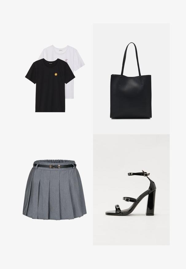 Musta ja valkoinen T-paita, pyöreä kaula-aukko, lyhyet hihat. Mustassa paidassa on keltainen auringon brodeeraus; valkoisessa on violetti puolikuu-aksentti.; Harmaa laskostettu hame, jossa on kerätty vyötärö ja musta vyö kultaisella soljella. Pehmeä kangas, joka on sileä tekstuuriltaan.; Musta kiiltävä korkokenkä sandaalit neliönmuotoisella varpaalla, nilkkaremmillä ja hopeisilla soljilla. Varustettu tukevalla lohkokorkealla vakauden takaamiseksi.; Mustapahkainen kangaskassi, jossa on sileä pinta, suorakaiteen muotoinen ja kaksi pitkää kahvaa. Ei näkyvää metalliosaa tai koristeita.