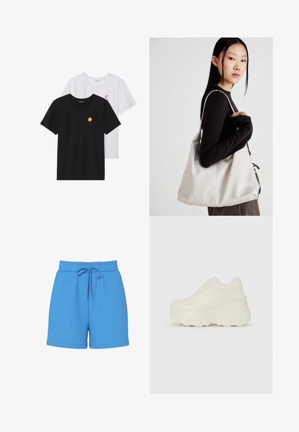Black and white T-shirts, round neck, short sleeves. Black shirt features yellow sun embroidery; white has purple crescent moon accent.; Blue cotton shorts with an elastic waistband and drawstring. Smooth texture, above-knee length, no visible patterns or accents.; White platform sneakers featuring a smooth leather-like upper, rounded shape, padded collar, and textured rubber sole with defined treads.; Beige handbag made of soft material, featuring a slouchy design, stitched detailing, and two shoulder straps. Suitable for everyday use.