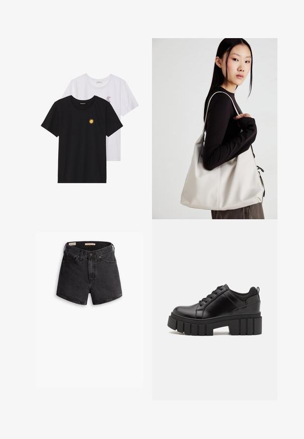 Zwart-witte T-shirts, ronde hals, korte mouwen. Het zwarte shirt heeft gele zon-geborduurde details; het witte shirt heeft een purperen halve maan accent.; Zwarte denim shorts met hoge taille, voorzien van een knoopsluiting aan de voorkant, vier zakken en een licht verouderde afwerking.; Zwarte leren platform schoenen met een stevige blokhak, ronde neus en een traditionele vetersluiting. Kenmerkt zich door een gladde textuur en minimale details.; Beige handtas gemaakt van zacht materiaal, met een slonzig ontwerp, gestikte details en twee schouderbanden. Geschikt voor dagelijks gebruik.