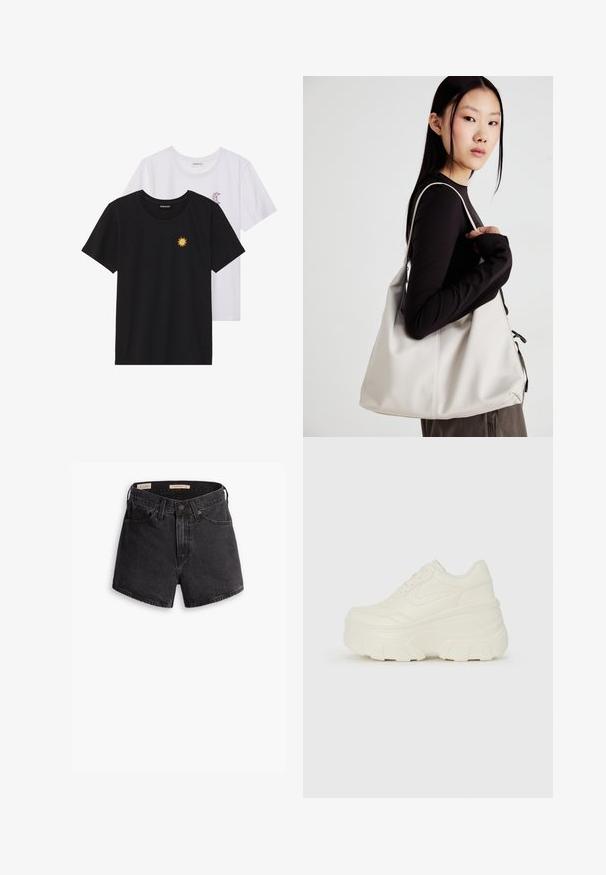 Musta ja valkoinen T-paita, pyöreä kaula-aukko, lyhyet hihat. Mustassa paidassa on keltainen auringon brodeeraus; valkoisessa on violetti puolikuu-aksentti.; Mustat farkkushortsit korkealla vyötäröllä, joissa on edessä nappikiinnitys, neljä taskua ja hieman kulutettu pinta.; Valkoiset tasapohjakengät, joissa on sileä nahkamainen päällinen, pyöristetty muoto, pehmustettu nilkkaosa ja texturoitu kumipohja, jossa on hyvin määritellyt urat.; Beige laukku, joka on valmistettu pehmeästä materiaalista, ja siinä on rento muotoilu, ommeltu yksityiskohtia ja kaksi olkahihnaa. Sopii päivittäiseen käyttöön.