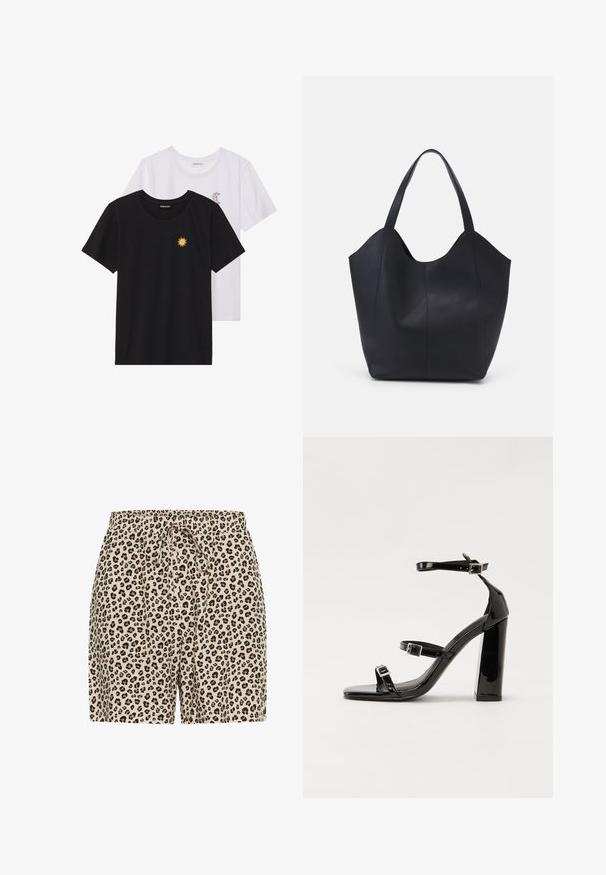 Camisetas en blanco y negro, de cuello redondo y mangas cortas. La camiseta negra presenta un bordado de sol amarillo; la blanca tiene un detalle de luna creciente en púrpura.; Pantalones cortos de estampado de leopardo en color beige con manchas negras y marrones. Cuentan con una cinturilla elástica con cordón para ajuste. Material ligero.; Sandalias de tacón de charol negro con punta cuadrada, correas en el tobillo y hebillas plateadas. Presentan un tacón grueso para mayor estabilidad.; Bolso tote negro fabricado en cuero liso, con un diseño minimalista que presenta un borde superior curvado y dos asas para el hombro.
