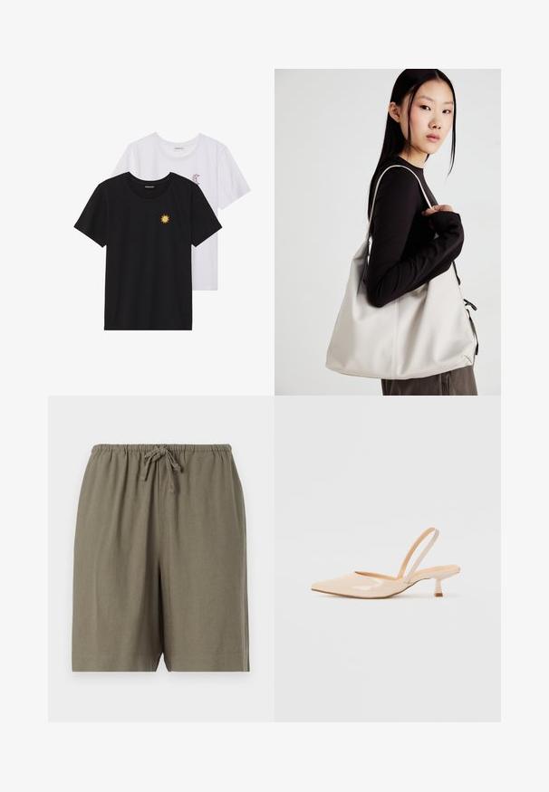 Black and white T-shirts, round neck, short sleeves. Black shirt features yellow sun embroidery; white has purple crescent moon accent.; Khaki shorts made of lightweight fabric. Features an elastic waistband with a drawstring and a relaxed fit. Simple, solid color design.; Beige patent leather slingback heels with pointed toe and a slim, square heel. Smooth texture and minimalist design with no embellishments.; Beige handbag made of soft material, featuring a slouchy design, stitched detailing, and two shoulder straps. Suitable for everyday use.