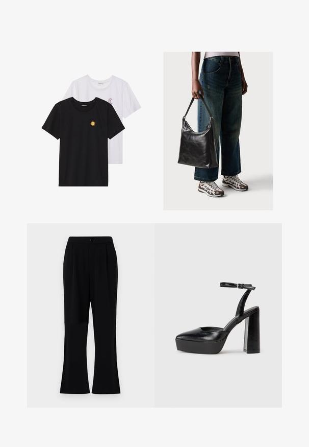 Črne in bele majice, okrogli vrat, kratki rokavi. Črna majica ima richelieu vezenje sonca v rumeni barvi; bela ima vijolični naglavni mesec.; Črne hlače z gladko teksturo, razširjenimi nogami in pasom z gumbom. Primerno za pranje v pralnem stroju, zasnovane za udobje in vsestranskost.; Črne platforme z visokimi petami in koničastim nosom ter nastavljivim gležnjenjskim trakom. Narejene iz gladke usnje, s kockasto peto.; Črna usnjena torba za ramo z gladko teksturo in nastavljivim trakom, v kombinaciji z zbledelimi širokimi hlačami in športnimi supergami.