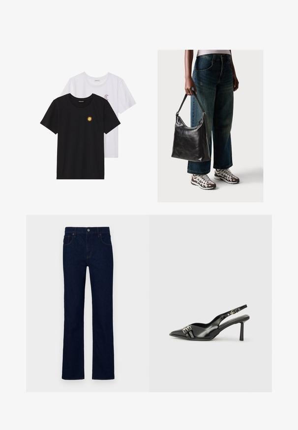 Mustvalged ja valged T-särgid, ümar kaelus, lühikesed varrukad. Must särgile on tikitud kollane päike; valgel särgil on lillakate poolkuu aktsent.; Tumedat sinised teksad sirge lõikega, valmistatud denimpangast. Omadusteks on esine nupuga sulgemine ja viis taskut.; Must musta nahk kingad sanga ja terava ninaga, ankle strapidega, millel on hõbedased pandlad ja riistvara ning õhuke konts.; Must musta õlakott, millel on sile tekstuur ja reguleeritav rihm, koos pleekinud laia jalgadega teksade ja sportlike tossudega.