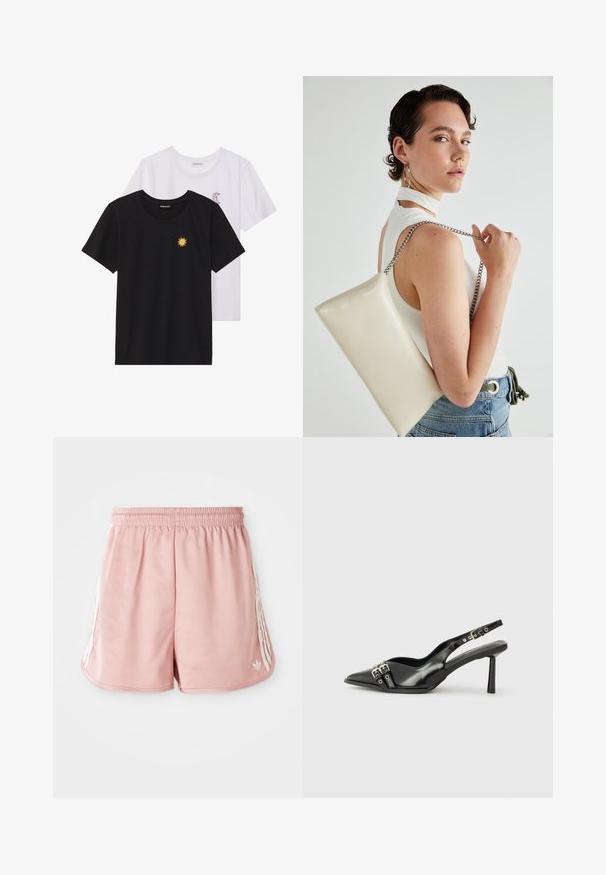 Juodi ir balti marškinėliai, apvaliu kaklu, trumpomis rankovėmis. Juodi marškiniai su geltonu saulės siuvinėjimu; baltieji turi purpurinę pusmėnulio akcentą.; Rožinės sportinės šortai su elastinga juosmena, šoninėmis baltomis juostelėmis ir mažu logotipu kairėje priekyje. Lygi medžiagos tekstūra.; Juodas lakuotas odinis batelis su smailiu pirštu, kulkšnies dirželiais su sidabrinėmis sagtimis ir detalėmis, bei plonu kulnu.; Balta, stačiakampio formos rankinė pagaminta iš blizgaus medžiagos, su sidabriniu virvute. Modelis pozavo, demonstruodamas rankinę prieš paprastą foną.