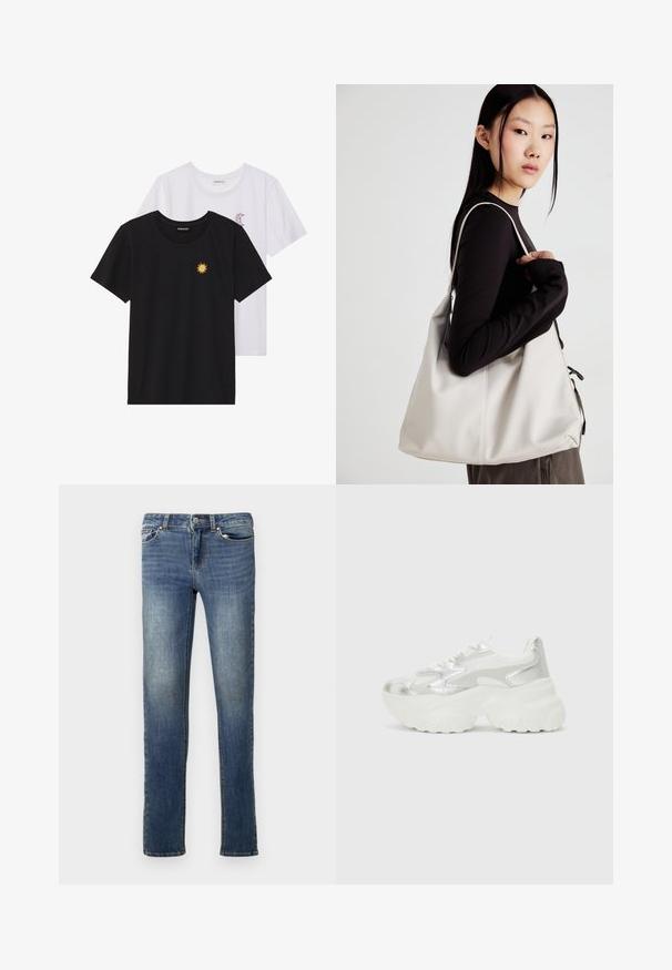 Fekete és fehér T-shirtok, kerek nyakkivágással, rövid ujjakkal. A fekete pólón sárga nap hímzés található; a fehér póló lila félhold díszítéssel rendelkezik.; Sötétkék farmernadrág egyenes szabással. Övhurkokkal, két elülső zsebével és enyhe kopással rendelkezik. Klasszikus öt-zsebes kialakítású.; Ezüst színű sportcipő, texturált hálós felsőrésszel és irizáló díszítésekkel, tömbös fehér talppal és fűzős záródással.; Puha anyagból készült bézs kézitáska, laza dizájnnal, varrott részletekkel és két vállpánttal. Mindennapi használatra alkalmas.