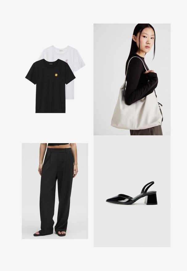Crne i bijele majice, okrugli izrez, kratki rukavi. Crna majica ima žuti vez suncem; bijela majica ima ljubičasti naglasak u obliku polumjeseca.; Crne široke hlače s glatkom teksturom, visoki struk, prednji nabori i petlje za pojas, s krojem koji se dobro uklapa i bez vidljivih uzoraka.; Crne lakirane kožne sandale s otvorenom petom i špicastim vrhom, s geometrijskom blok petom. Imaju elegantan, minimalistički dizajn i glatku teksturu.; Bežna torba od mekog materijala s opuštenim dizajnom, šivanim detaljima i dva remena za rame. Pogodna za svakodnevnu upotrebu.