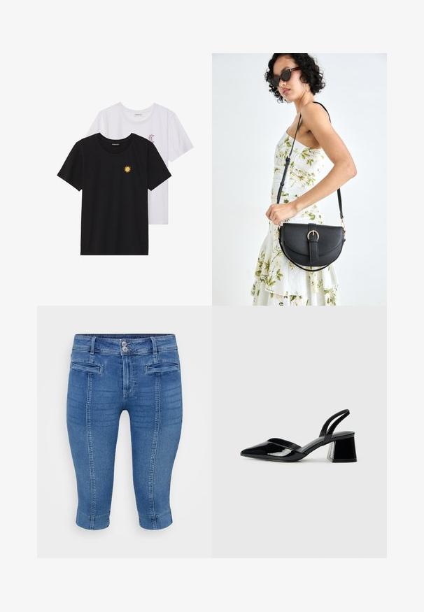 T-shirts noir et blanc, col rond, manches courtes. Le t-shirt noir présente une broderie de soleil jaune ; le t-shirt blanc a un accent de croissant de lune violet.; Pantalon capri en denim bleu avec un design ajusté, deux poches avant et un ourlet retroussé. Le tissu a une texture lisse avec un léger effet délavé.; Escarpins en cuir verni noir avec bout pointu et talon bloc géométrique. Présente un design élégant et minimaliste ainsi qu'une texture lisse.; Sac à main en cuir noir avec une forme courbée, bandoulière amovible et des accessoires en or. Le sac est doté d'un rabat avec un détail de boucle.