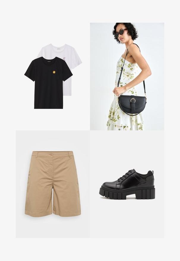 Čierne a biele tričká, okrúhly výstrih, krátke rukávy. Čierne tričko má žltú výšivku slnka; biele má fialový mesiac ako akcent.; Khaki šortky vyrobené z mäkkého zmesového bavlneného materiálu, s rovnou nohavicou, zapínaním na gombík a prednými vreckami.; Čierne kožené platformy s masívnym blokovým podpätkom, okrúhlou špičkou a tradičným šnurovaním. Má hladký povrch a minimálne detaily.; Čierna kožená kabelka s zaobleným tvarom, odnímateľným popruhom a zlatými doplnkami. Kabelka má klopu s detailom s prackou.