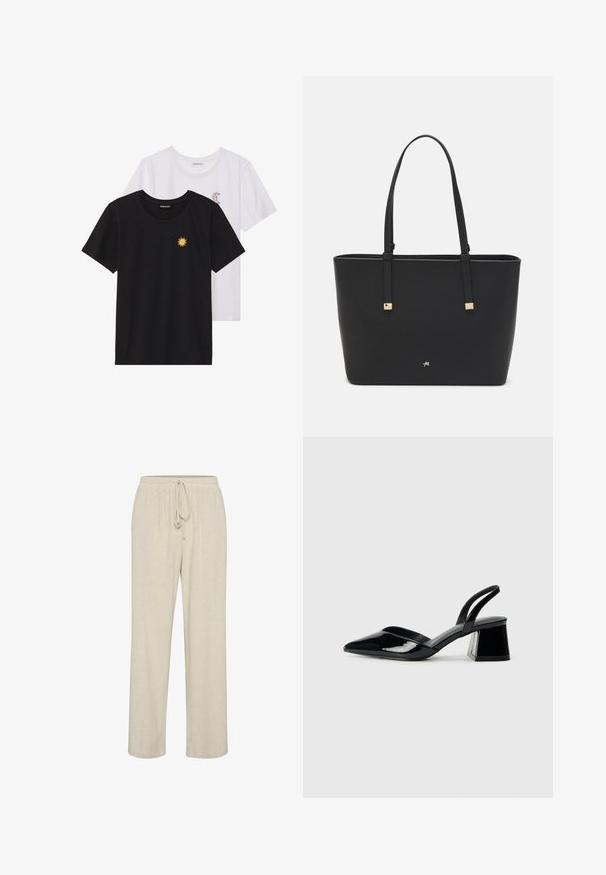 Juodi ir balti marškinėliai, apvaliu kaklu, trumpomis rankovėmis. Juodi marškiniai su geltonu saulės siuvinėjimu; baltieji turi purpurinę pusmėnulio akcentą.; Bežiniai lino kelnės su elastingu juosmeniu ir reguliuojama raišteliu, turinčios tiesaus kirpimo dizainą ir subtilią tekstūrą.; Juodos lakuotos odinės šlepetės su smailiu pirštu ir geometriniu bloko kulnu. Turi elegantišką, minimalistinį dizainą ir lygų paviršių.; Juodas sintetinio pluošto rankinis krepšys, turintis paprastą stačiakampį dizainą, auksines kvadratines detales ir dvi rankenas.