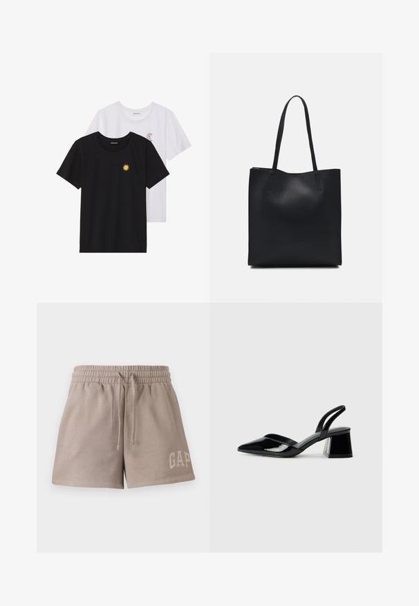 Črne in bele majice, okrogli vrat, kratki rokavi. Črna majica ima richelieu vezenje sonca v rumeni barvi; bela ima vijolični naglavni mesec.; Bež hlače iz mehkega materiala, z elastičnim pasom in vrvico ter izvezenim logotipom "GAP" na spodnjem sprednjem delu.; Črne lakirane slingback pete s koničastim nosom in geometrijsko blokasto peto. Imajo eleganten, minimalističen dizajn in gladko teksturo.; Črna usnjena torba s svilnato teksturo, pravokotne oblike in dvema dolgima ročajema. Brez vidnih metalnih delov ali okrasnih elementov.