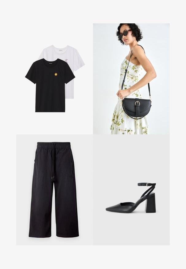 Fekete és fehér T-shirtok, kerek nyakkivágással, rövid ujjakkal. A fekete pólón sárga nap hímzés található; a fehér póló lila félhold díszítéssel rendelkezik.; Fekete, bő szárú pamut nadrág, rugalmas derékkal és húzózsinórral, két oldalzsebbel és sima, matt felülettel.; Fekete bőr, hegyes orrú magassarkú cipő boka pánttal és vastag sarokkal. Sima textúra, elegáns dizájn és minimális esztétika.; Fekete bőrtáska ívelt formával, levehető pánttal és arany színű fémrészekkel. A táskán egy csattal díszített fedél található.
