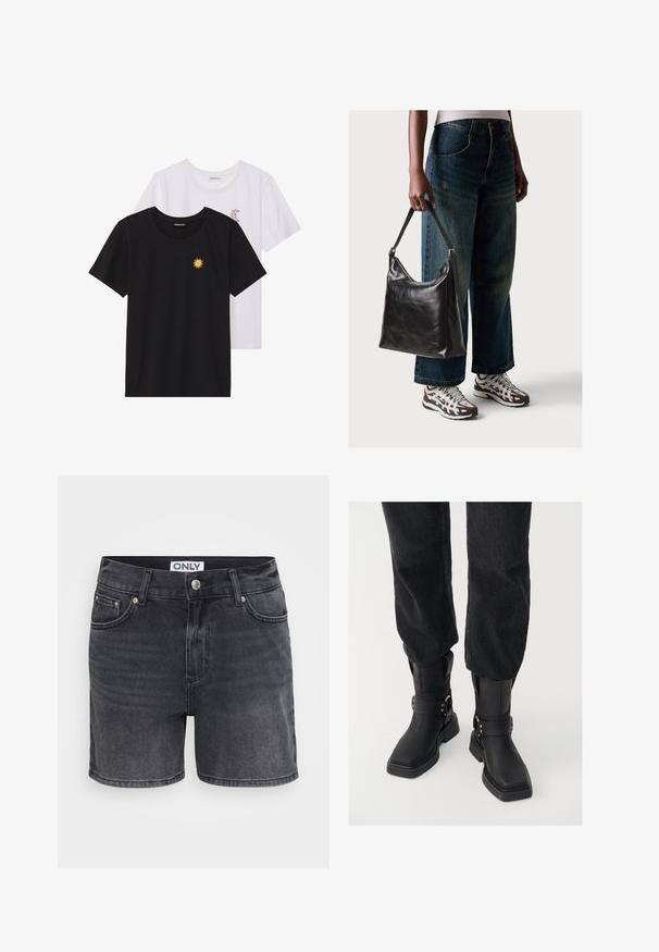 T-shirts preto e branco, de decote redondo e mangas curtas. A camisa preta apresenta um bordado de sol amarelo; a branca tem um detalhe de lua crescente roxa.; Calções de ganga pretos com um design clássico, apresentando um estilo de cinco bolsos, fecho de botão à frente e um detalhe de desgaste subtil.; Botas de tornozelos em couro preto com bico quadrado, apresentando uma faixa larga e detalhe em fivela metálica. As botas têm uma sola robusta e textura suave.; Bolsa de ombro em couro preto com textura suave e alça ajustável, combinada com jeans de perna larga desbotados e ténis desportivos.