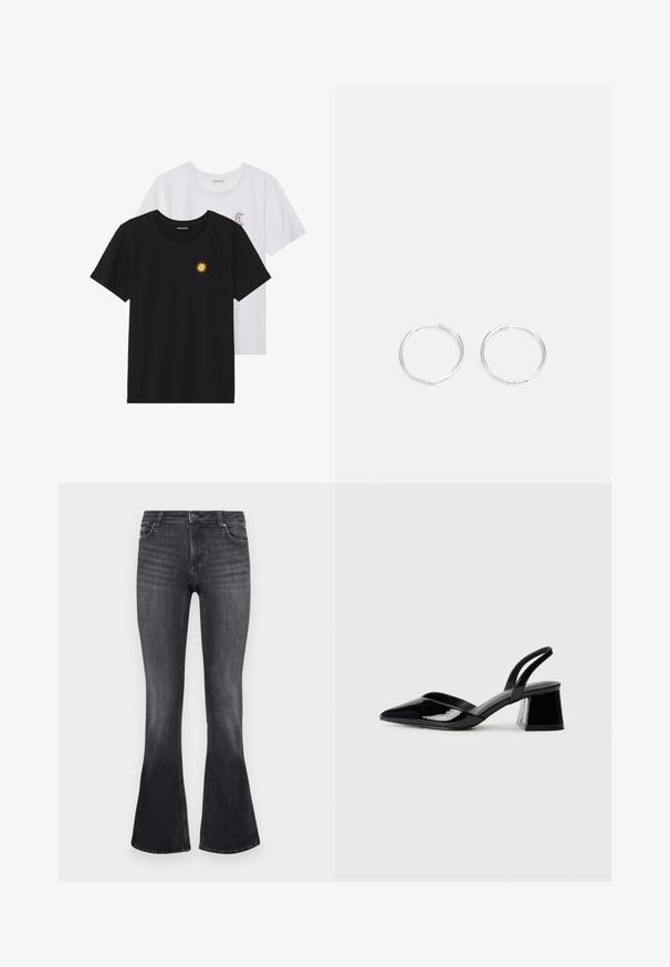 Tricouri alb-negru, cu gât rotund, mâneci scurte. Cămășile negre au broderie cu soare galben; cele albe au un accent cu lună crescută violet.; Jeans evazate din denim gri închis cu un finisaj uzat. Prezintă un design standard cu cinci buzunare și închidere cu nasture metalic la talie.; Pantofi cu toc slingback din piele lacuită neagră, cu vârf ascuțit și toc geometric. Prezintă un design elegant, minimalist și o textură netedă.; Cercei din argint cu un design elegant și rotund, având o suprafață netedă și fără embellismente vizibile. Diametrul nu este specificat.