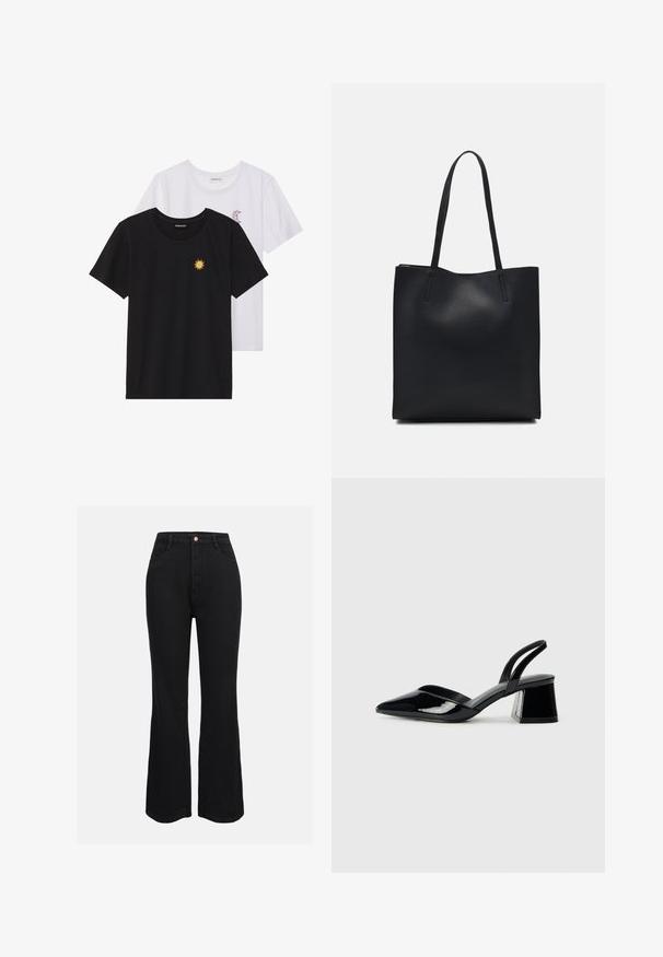 T-shirts preto e branco, de decote redondo e mangas curtas. A camisa preta apresenta um bordado de sol amarelo; a branca tem um detalhe de lua crescente roxa.; Jeans flare pretos de cintura alta feitos de denim, com bolsos tradicionais e fecho frontal por botão. Textura suave e cor uniforme.; Sandy em verniz preto com salto slingback, ponta afilada e salto geométrico. Apresenta um design elegante e minimalista com textura suave.; Bolsa tote preta em couro com textura lisa, forma retangular e duas alças longas. Sem hardware ou enfeites visíveis.