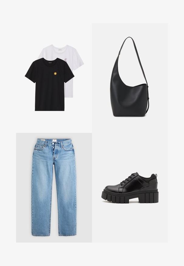 T-shirts preto e branco, de decote redondo e mangas curtas. A camisa preta apresenta um bordado de sol amarelo; a branca tem um detalhe de lua crescente roxa.; Jeans de ganga azul claro com corte reto, cinco bolsos e fecho com botão. Apresenta detalhes costurados e uma bainha limpa.; Sapatos de plataforma em couro preto com um salto bloco robusto, bico redondo e design clássico de atacadores. Apresentam uma textura suave e detalhes mínimos.; Saco hobo preto em pele com uma textura lisa, forma curva e uma única alça ajustável; apresenta uma abertura larga na parte de cima.