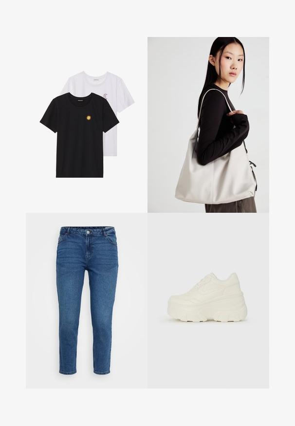 Sort og hvid T-shirt, rund hals, korte ærmer. Den sorte skjorte har gult solbroderi; den hvide har lilla halvmåne-accent.; Blå denim jeans med mellemhøj talje, fem-lomme design og lige ben. Har stikninger og metalhardware-detaljer.; Hvide platform sneakers med en glat læderlignende overdel, rund form, polstret krave og struktureret gummisål med definerede riller.; Beige håndtaske lavet af blødt materiale med et slouchy design, stikninger og to skulderremme. Velegnet til daglig brug.