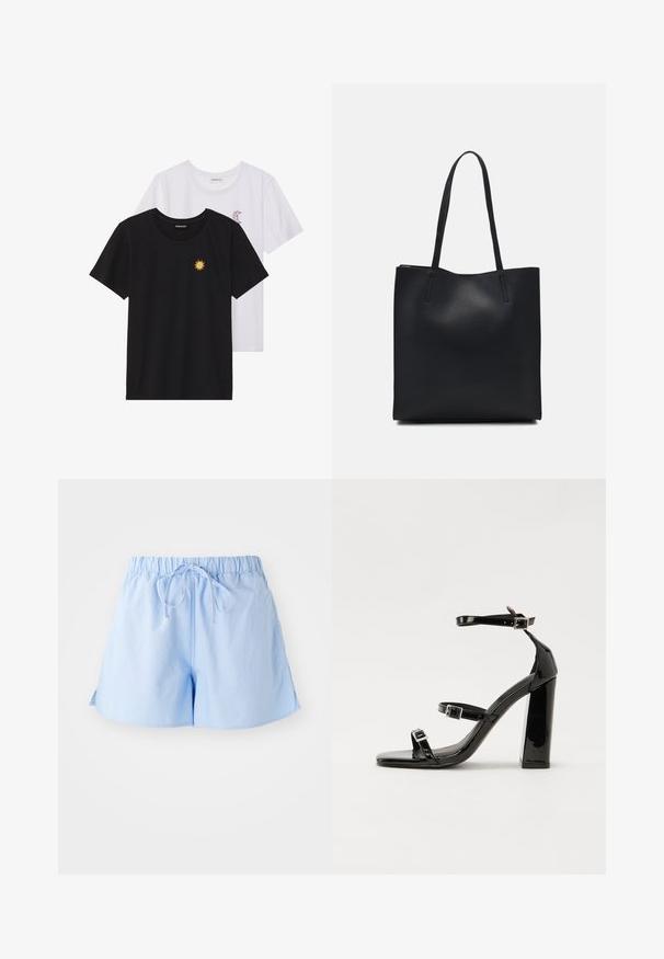 Black and white T-shirts, round neck, short sleeves. Black shirt features yellow sun embroidery; white has purple crescent moon accent.; Light blue cotton shorts with an elastic waistband and drawstring, featuring a relaxed fit and side slits for ease of movement.; Black patent heeled sandals with a square toe, ankle straps, and silver buckles. Features a chunky block heel for stability.; Black leather tote bag with smooth texture, rectangular shape, and two long handles. No visible hardware or embellishments.