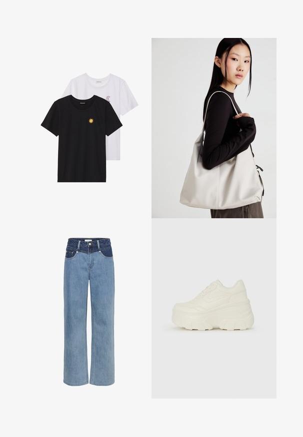 Juodi ir balti marškinėliai, apvaliu kaklu, trumpomis rankovėmis. Juodi marškiniai su geltonu saulės siuvinėjimu; baltieji turi purpurinę pusmėnulio akcentą.; Šviesiai mėlyni džinsai su plačiomis kojomis, aukštu liemeniu, penkiomis kišenėmis ir kontrastinga tamsiai mėlyna detalė priekyje.; Baltos platformos sportbačiai su lygiu odos primenančiu paviršiumi, apvalia forma, paminkštintu apykakle ir tekstūruotu guminiu padu su ryškiais protektoriais.; Bežinė rankinė, pagaminta iš minkštos medžiagos, turinti laisvą dizainą, siuvinėtas detalės ir dvi petnešos. Tinkama kasdieniam naudojimui.