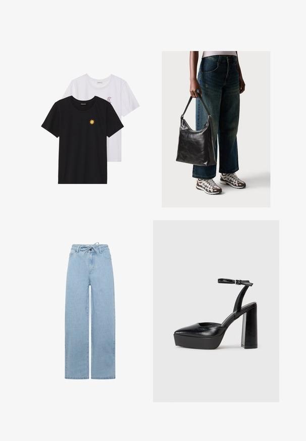 Melnbaltie t-krekli, ar apaļu kaklu, īsām piedurknēm. Melnais krekls ar dzeltenu saules izšuvumu; baltais ar purpursarkanu mēness akcentu.; Gaiši zili platajās kājas džinsi, izgatavoti no džinsa auduma, ar regulējamu jostasvietu un standarta piecu kabatu dizainu. Audumam ir gluda tekstūra.; Melnas platformas papēžs ar norādītu purngala formu un regulējamu potītes siksniņu. Izgatavotas no gludas ādas, ar masīvu bloku papēdi.; Melna ādas pleca soma ar gludu tekstūru un regulējamu siksnu, saskaņota ar izbalējušām platām biksēm un sportiskām kedām.