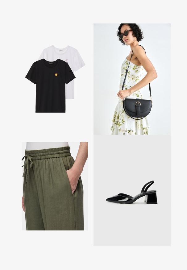 T-shirts noir et blanc, col rond, manches courtes. Le t-shirt noir présente une broderie de soleil jaune ; le t-shirt blanc a un accent de croissant de lune violet.; Pantalons en lin léger couleur vert olive avec une taille élastique et un cordon de serrage. Comprend une poche latérale et une coupe décontractée.; Escarpins en cuir verni noir avec bout pointu et talon bloc géométrique. Présente un design élégant et minimaliste ainsi qu'une texture lisse.; Sac à main en cuir noir avec une forme courbée, bandoulière amovible et des accessoires en or. Le sac est doté d'un rabat avec un détail de boucle.