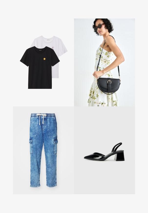 Črne in bele majice, okrogli vrat, kratki rokavi. Črna majica ima richelieu vezenje sonca v rumeni barvi; bela ima vijolični naglavni mesec.; Svetlo modri denim cargo hlače z elastičnim pasom, z vrvico za zapenjanje in dvema stranskima žepoma. Imajo en sam cargo žep na levi nogi.; Črne lakirane slingback pete s koničastim nosom in geometrijsko blokasto peto. Imajo eleganten, minimalističen dizajn in gladko teksturo.; Črna usnjena torbica s ukrivljeno obliko, z odstranljivo naramnico in zlatimi dodatki. Torbica ima pokrov s podrobnostmi v obliki zaponke.