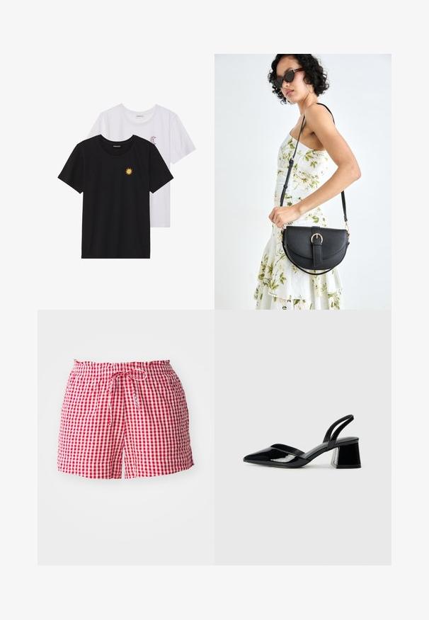 Mustvalged ja valged T-särgid, ümar kaelus, lühikesed varrukad. Must särgile on tikitud kollane päike; valgel särgil on lillakate poolkuu aktsent.; Punase ja valge ruudulised lühikesed püksid elastse vöökoha ja nööriga, kerge kangaga ja mugava lõikega.; Mustad musta lakknahk kingad, millel on terav varvas ja geomeetriline plokkkonts. Omab elegantselt minimalistlikku disaini ja sujuvat tekstuuri.; Mustmust mustraha kõverate joontega, eemaldatava rihmaga ja kuldsete detailidega. Kotil on klapp, millel on pandladetail.