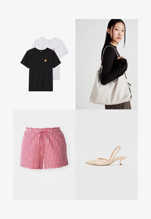 Crne i bijele majice, okrugli izrez, kratki rukavi. Crna majica ima žuti vez suncem; bijela majica ima ljubičasti naglasak u obliku polumjeseca.; Crvene i bijele karirane kratke hlače s elastičnim pojasom i vezicom, izrađene od laganog materijala i ležernog kroja.; Bež sandale od lakirane kože s uskim vrhom i tankim, kvadratnim potpeticom. Glatka tekstura i minimalistički dizajn bez ukrasnih detalja.; Bežna torba od mekog materijala s opuštenim dizajnom, šivanim detaljima i dva remena za rame. Pogodna za svakodnevnu upotrebu.