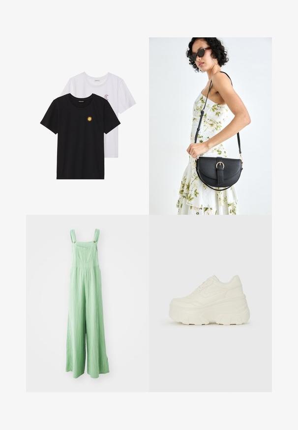 Tricouri alb-negru, cu gât rotund, mâneci scurte. Cămășile negre au broderie cu soare galben; cele albe au un accent cu lună crescută violet.; Salopete verzi cu picioare late dintr-un material texturat, având bretele ajustabile și buzunare frontale cu butoane de culoare bronz.; Adidași platformă albi, cu un superior neted asemănător cu pielea, formă rotunjită, guler căptușit și talpă din cauciuc texturată cu borduri bine definite.; Geantă din piele neagră, cu o formă curbată, curea detașabilă și accesorii aurii. Geanta are un capac cu un detaliu tip cataramă.