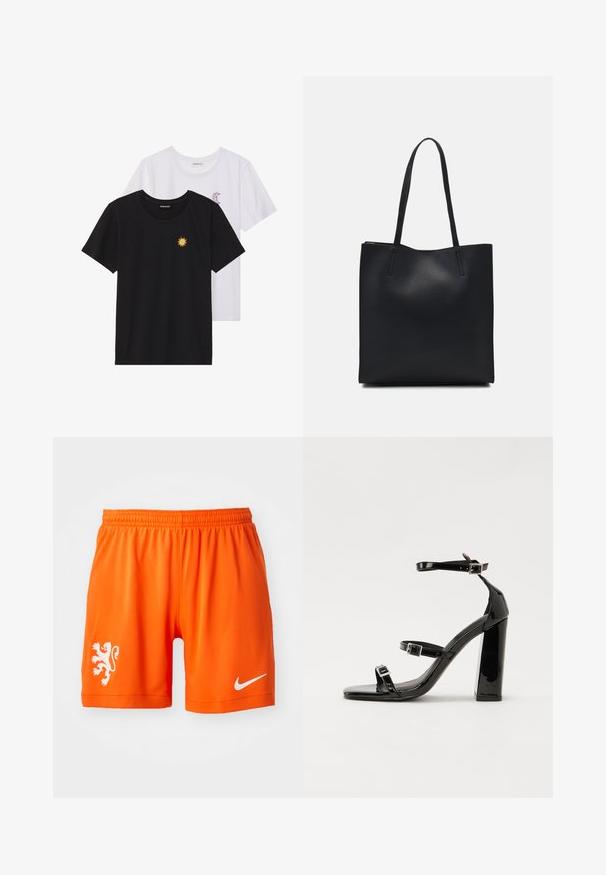 Crne i bijele majice, okrugli izrez, kratki rukavi. Crna majica ima žuti vez suncem; bijela majica ima ljubičasti naglasak u obliku polumjeseca.; Narančaste atletske kratke hlače s elastičnom trakom u struku, s bijelim logotipom lava na lijevoj nozi i bijelim Nike swooshom na desnoj.; Crne lakirane sandale na pete sa kvadratnim nosom, trakama oko gležnja i srebrnim kopčama. Imaju čvrst blok petu za stabilnost.; Crna kožna torba za nošenje s glatkom teksturom, pravokutnim oblikom i dvije duge ručke. Nema vidljivih metalnih dijelova ili ukrasa.