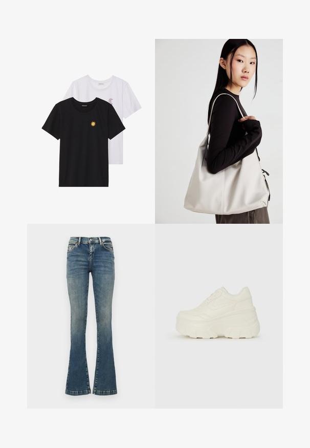 Mustvalged ja valged T-särgid, ümar kaelus, lühikesed varrukad. Must särgile on tikitud kollane päike; valgel särgil on lillakate poolkuu aktsent.; Laienevad sinised teksapüksid, mis on valmistatud denimist, sisaldavad fade'e, viit taskut, nööp sulgemist ja õmbluste aktsente vöökoha piirkonnas.; Valged platvormi tõusukingad, millel on siledast nahast meenutav pealis, ümar kuju, pehmendatud kaelus ja tekstureeritud kummitald koos selgete hüdrofoobsete mustritega.; Bež käekott pehme materjali, millel on lõtv disain, õmblustega detailid ja kaks õlarihma. Sobib igapäevaseks kasutamiseks.