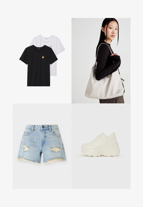 Tricouri alb-negru, cu gât rotund, mâneci scurte. Cămășile negre au broderie cu soare galben; cele albe au un accent cu lună crescută violet.; Shorts din denim de culoare albastră deschisă cu detalii uzate, margine desfăcută, talie înaltă și design clasic cu cinci buzunare. Potrivit pentru ținute casual.; Adidași platformă albi, cu un superior neted asemănător cu pielea, formă rotunjită, guler căptușit și talpă din cauciuc texturată cu borduri bine definite.; Geantă bej din material moale, cu un design lejer, detalii cusute și două bretele pentru umăr. Potrivită pentru utilizarea zilnică.