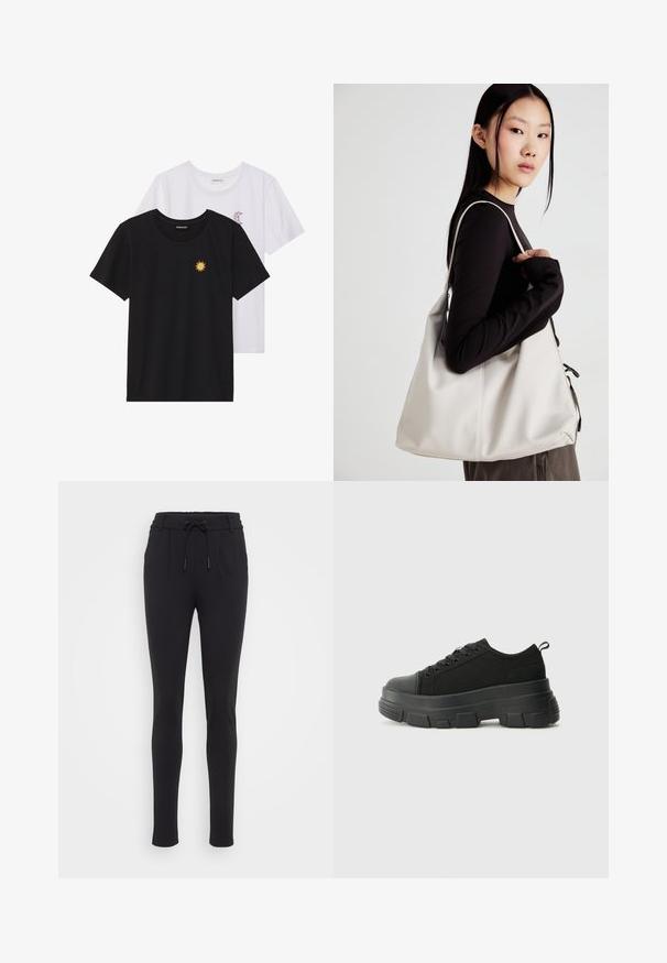 Zwart-witte T-shirts, ronde hals, korte mouwen. Het zwarte shirt heeft gele zon-geborduurde details; het witte shirt heeft een purperen halve maan accent.; Zwarte, taps toelopende joggers gemaakt van een zachte, rekbare stof. Voorzien van een elastische tailleband met een trekkoord en zijzakken. Glad textuur.; Zwarte sneakers met een stevige rubberen zool, textiel bovenwerk, ronde neus en vetersluiting. Beschikt over versterkte oogjes en een trekstrip aan de achterkant.; Beige handtas gemaakt van zacht materiaal, met een slonzig ontwerp, gestikte details en twee schouderbanden. Geschikt voor dagelijks gebruik.