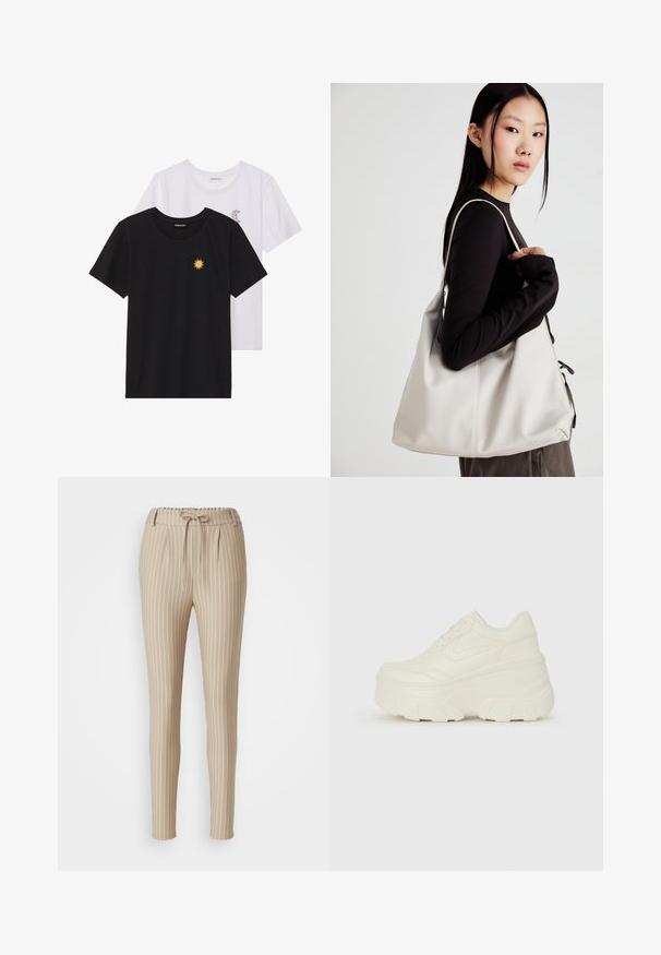 Czarne i białe t-shirty, okrągłe dekolty, krótkie rękawy. Czarna koszulka ma żółte haftowane słońce, a biała posiada fioletowy akcent w kształcie półksiężyca.; Beżowe spodnie w paski z elastycznym paskiem ściąganym, zwężanym krojem nogawek, plisowanym przodem i gładką powierzchnią. Posiadają pionowe białe paski.; Białe sneakersy na platformie z gładkim, skórzano przypominającym wierzchem, zaokrąglonym kształtem, wyściełanym kołnierzem oraz teksturowaną gumową podeszwą z wyraźnym bieżnikiem.; Beżowa torebka wykonana z miękkiego materiału, charakteryzująca się luźnym fasonem, wyszywanymi detalami i dwoma uchwytami na ramię. Idealna na co dzień.