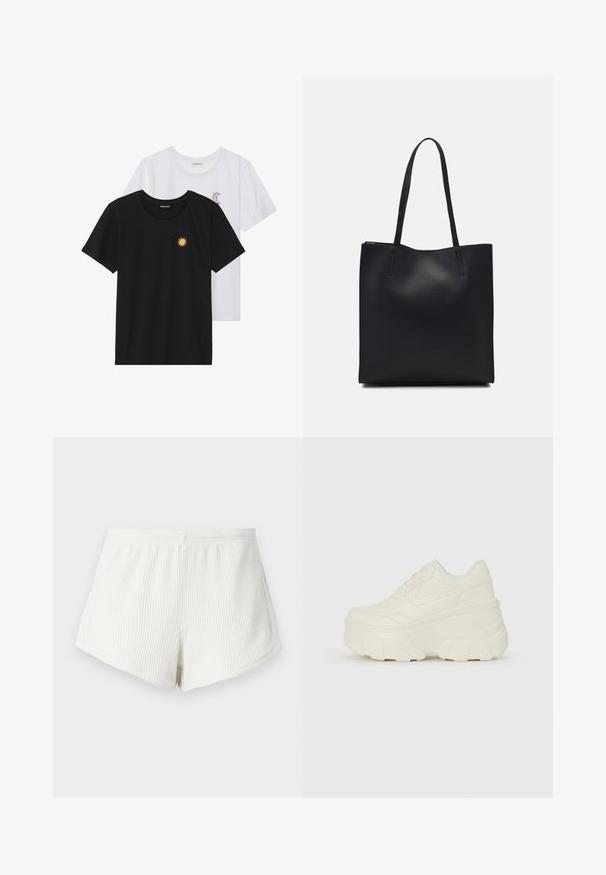 Black and white T-shirts, round neck, short sleeves. Black shirt features yellow sun embroidery; white has purple crescent moon accent.; White ribbed fabric shorts with an elastic waistband, featuring a relaxed fit and curved hemline. Back seam detail visible.; White platform sneakers featuring a smooth leather-like upper, rounded shape, padded collar, and textured rubber sole with defined treads.; Black leather tote bag with smooth texture, rectangular shape, and two long handles. No visible hardware or embellishments.