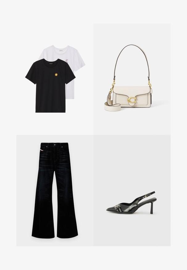 Musta ja valkoinen T-paita, pyöreä kaula-aukko, lyhyet hihat. Mustassa paidassa on keltainen auringon brodeeraus; valkoisessa on violetti puolikuu-aksentti.; Mustat leveälahkeiset farkut tummasta farkkukankaasta, joissa on klassinen viiden taskun muotoilu, metalliosat ja hienovaraiset tekstuurivaihtelut.; Musta patenttinen nahkainen slingback-kengät, joissa on terävä nenä, nilkkahihnat hopeisilla soljilla ja varusteilla sekä hoikka korko.; Kreemivärvi nahast käekott, millel on struktureeritud disain, kontrastsed mustad servad, kuldsed detailid ja eemaldatav rihm, millel on allkirja logo.