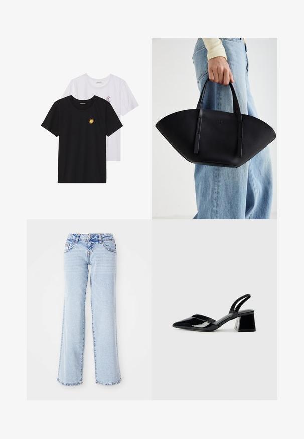 T-shirts preto e branco, de decote redondo e mangas curtas. A camisa preta apresenta um bordado de sol amarelo; a branca tem um detalhe de lua crescente roxa.; Jeans de denim azul claro com um ajuste descontraído, pernas retas e desbotado sutil. Apresenta cinco bolsos e passantes para cinto. Detalhe na bainha desgastada.; Sandy em verniz preto com salto slingback, ponta afilada e salto geométrico. Apresenta um design elegante e minimalista com textura suave.; Bolsa de mão em couro preto com uma forma única em leque, apresentando alças planas. A superfície tem uma textura pebble e um design minimalista.