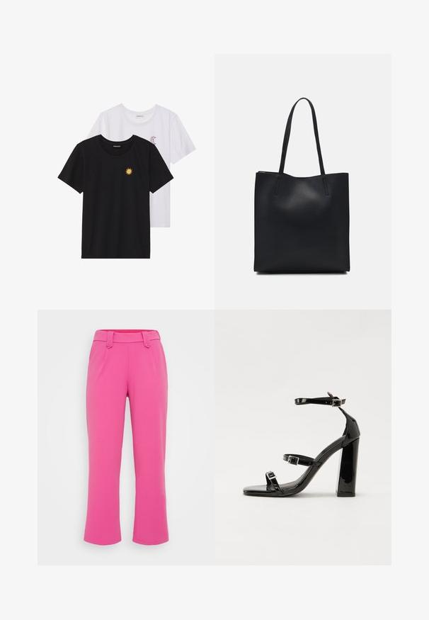 Black and white T-shirts, round neck, short sleeves. Black shirt features yellow sun embroidery; white has purple crescent moon accent.; Pink cropped pants made from a smooth fabric, featuring a belted waist, front pleats, and a slightly flared leg design.; Black patent heeled sandals with a square toe, ankle straps, and silver buckles. Features a chunky block heel for stability.; Black leather tote bag with smooth texture, rectangular shape, and two long handles. No visible hardware or embellishments.