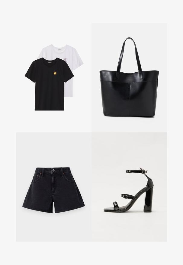 T-shirts noir et blanc, col rond, manches courtes. Le t-shirt noir présente une broderie de soleil jaune ; le t-shirt blanc a un accent de croissant de lune violet.; Shorts en denim noir à taille haute, avec fermeture à bouton devant, design à cinq poches et une coupe légèrement évasée.; Sandales à talons hauts en cuir verni noir avec deux brides à boucles, bout carré et talon bloc épais, présentant une texture lisse et brillante.; Sac fourre-tout en cuir noir avec deux longues poignées, une texture lisse et une forme structurée. Dispose d'une poche avant pour un rangement supplémentaire.