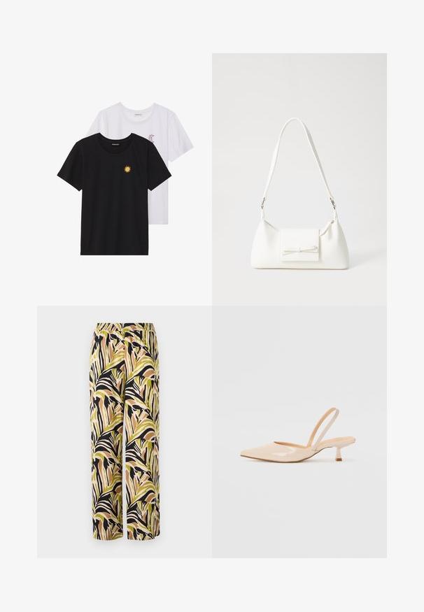 Black and white T-shirts, round neck, short sleeves. Black shirt features yellow sun embroidery; white has purple crescent moon accent.; Wide-leg trousers featuring a tropical leaf pattern in green, black, and brown, made from lightweight fabric with an elastic waistband.; Beige patent leather slingback heels with pointed toe and a slim, square heel. Smooth texture and minimalist design with no embellishments.; White synthetic handbag with a triangular shape, flat front flap and bow detail, adjustable strap, smooth texture, and minimalistic design.
