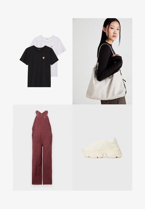 Svarte og hvite T-skjorter, rund hals, korte ermer. Den svarte T-skjorten har gul brodering av en sol; den hvite har lilla halvmåne-detaljer.; Burgunderfargede seler laget av bomull, med kryssryggstropper, frontlommer og metallelementer. Glatt tekstur og avslappet passform.; Chunky hvite sneakers laget av teksturert mesh og syntetiske materialer, med en tykk såle og intrikate mønsterdetaljer langs sidene.; Beige håndveske laget av mykt materiale, med en slapp design, sydd detaljer og to skulderstropper. Passer for daglig bruk.