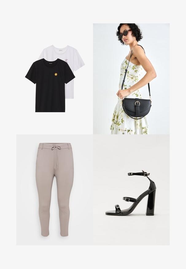 Svarte og hvite T-skjorter, rund hals, korte ermer. Den svarte T-skjorten har gul brodering av en sol; den hvite har lilla halvmåne-detaljer.; Lys beigefargede, tettsittende joggebukser med snøring i livet og avsmalnende ben, vist mot en ensfarget bakgrunn.; Svarte høyhælte sandaler i lakk med to spennestraps, firkantet tå og en tykk blokkhæl, med en glatt, blank tekstur.; Svart lærveske med en buet form, avtagbar stropp og gullbeslag. Vesken har et klaff med spenne-detall.