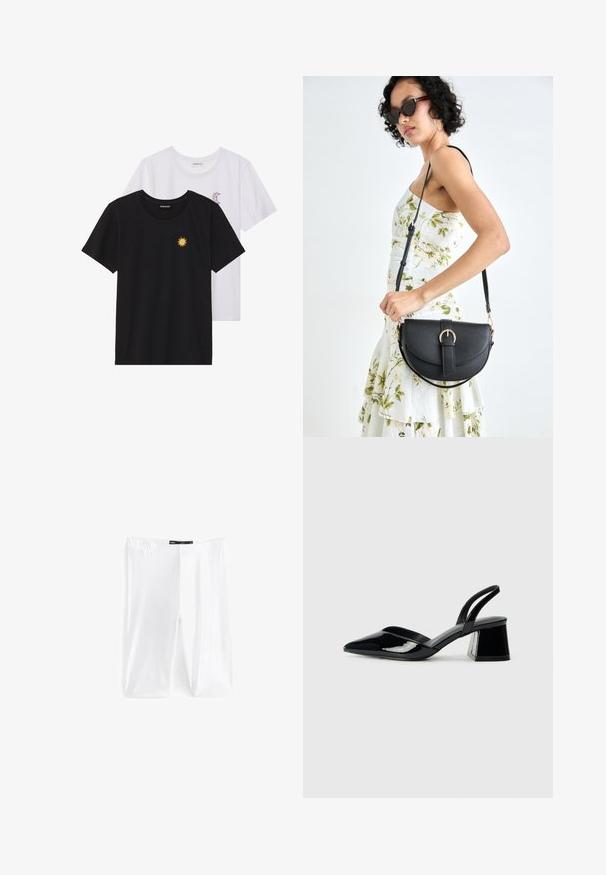 T-shirts noir et blanc, col rond, manches courtes. Le t-shirt noir présente une broderie de soleil jaune ; le t-shirt blanc a un accent de croissant de lune violet.; Leggings blancs en tissu extensible, dotés d'une taille élastique et d'une texture lisse. Pas de motifs ni de détails supplémentaires visibles.; Escarpins en cuir verni noir avec bout pointu et talon bloc géométrique. Présente un design élégant et minimaliste ainsi qu'une texture lisse.; Sac à main en cuir noir avec une forme courbée, bandoulière amovible et des accessoires en or. Le sac est doté d'un rabat avec un détail de boucle.