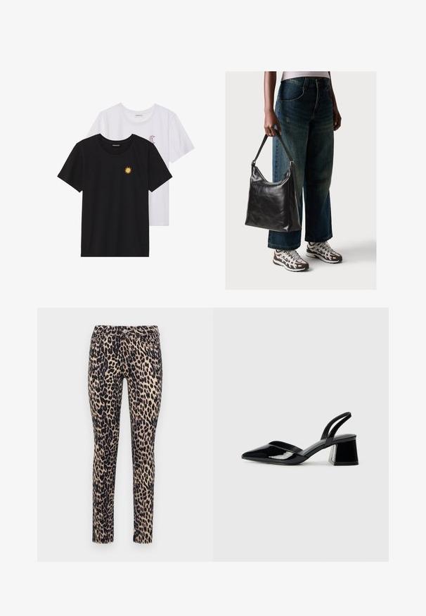 Fekete és fehér T-shirtok, kerek nyakkivágással, rövid ujjakkal. A fekete pólón sárga nap hímzés található; a fehér póló lila félhold díszítéssel rendelkezik.; Leopárdmintás skinny farmernadrág bézs alappal, fekete foltokkal, ötpocketos kialakítással és elől gombos zárással. Puha anyagból készült.; Fekete lakk bőr szandálkés magas sarkú cipő, hegyes orral és geometrikus tömbsarkakkal. Karcsú, minimalista dizájn és sima textúra jellemzi.; Fekete bőr válltáska sima textúrával és állítható pánttal, melyet elnyűtt, bő szárú farmernadrággal és sportcipőkkel párosítottak.